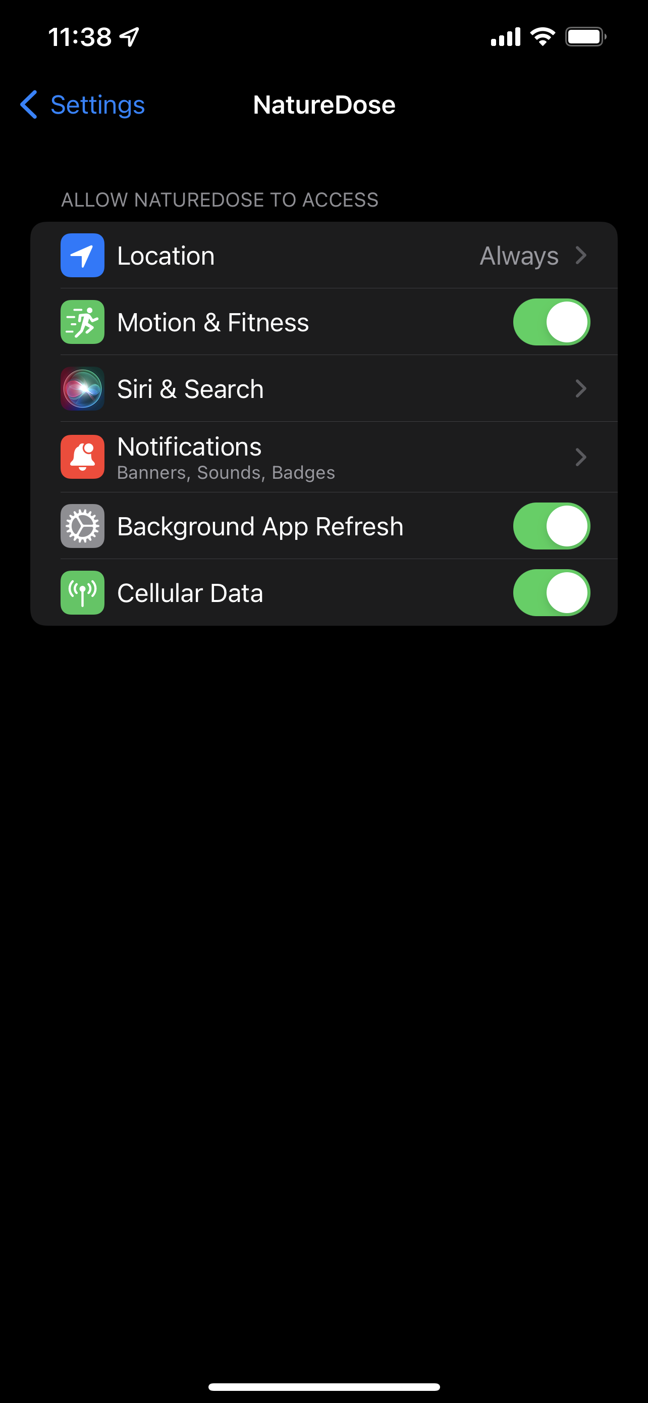 NatureDose permission settings on iOS