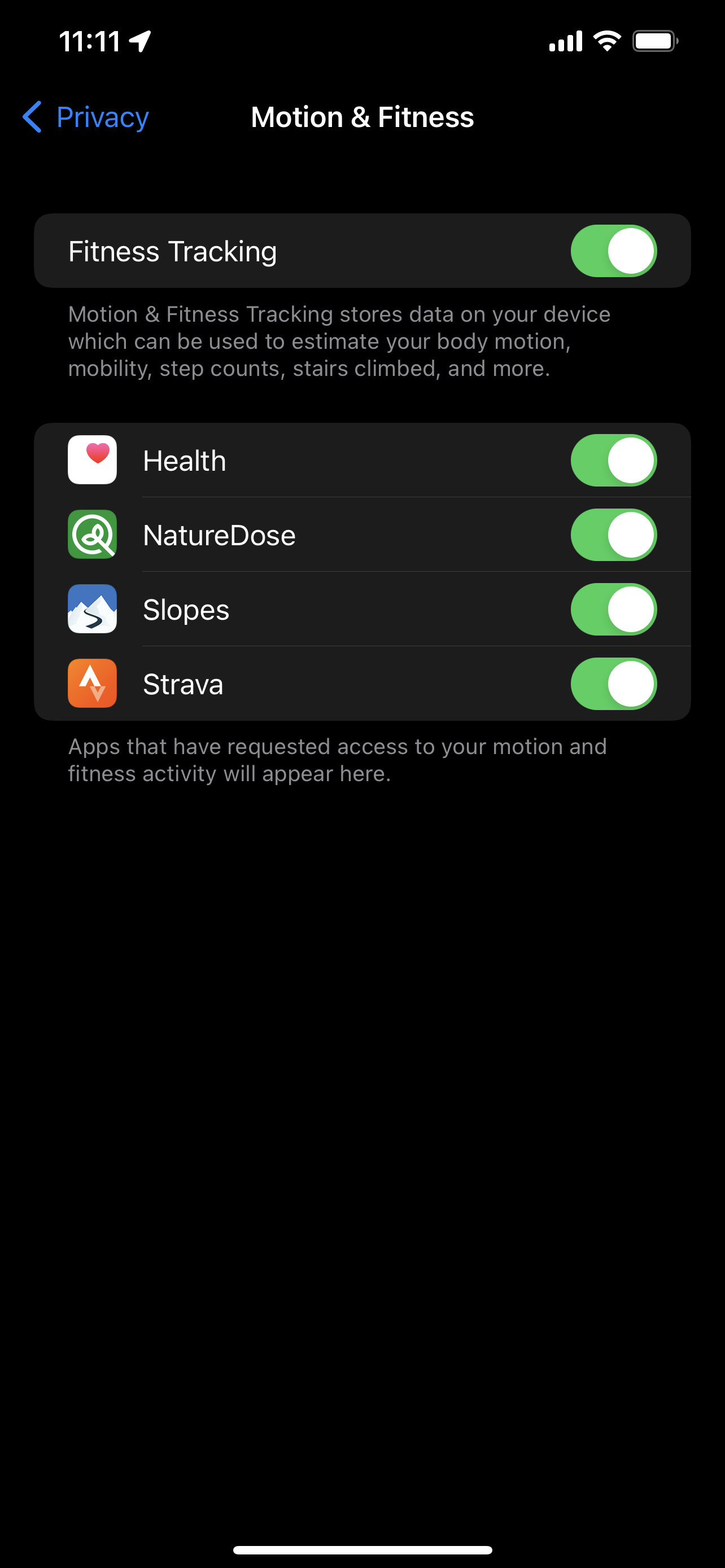 NatureDose permission settings on iOS